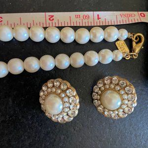 Vintage faux pearl 23” necklace (1924 brand) and beautiful earrings